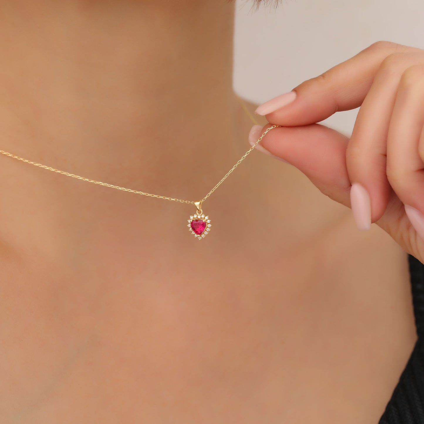 Ruby Heart Necklace Surrounded by Real Diamonds in 14K Solid Gold Pendant, July Birthstone Charms