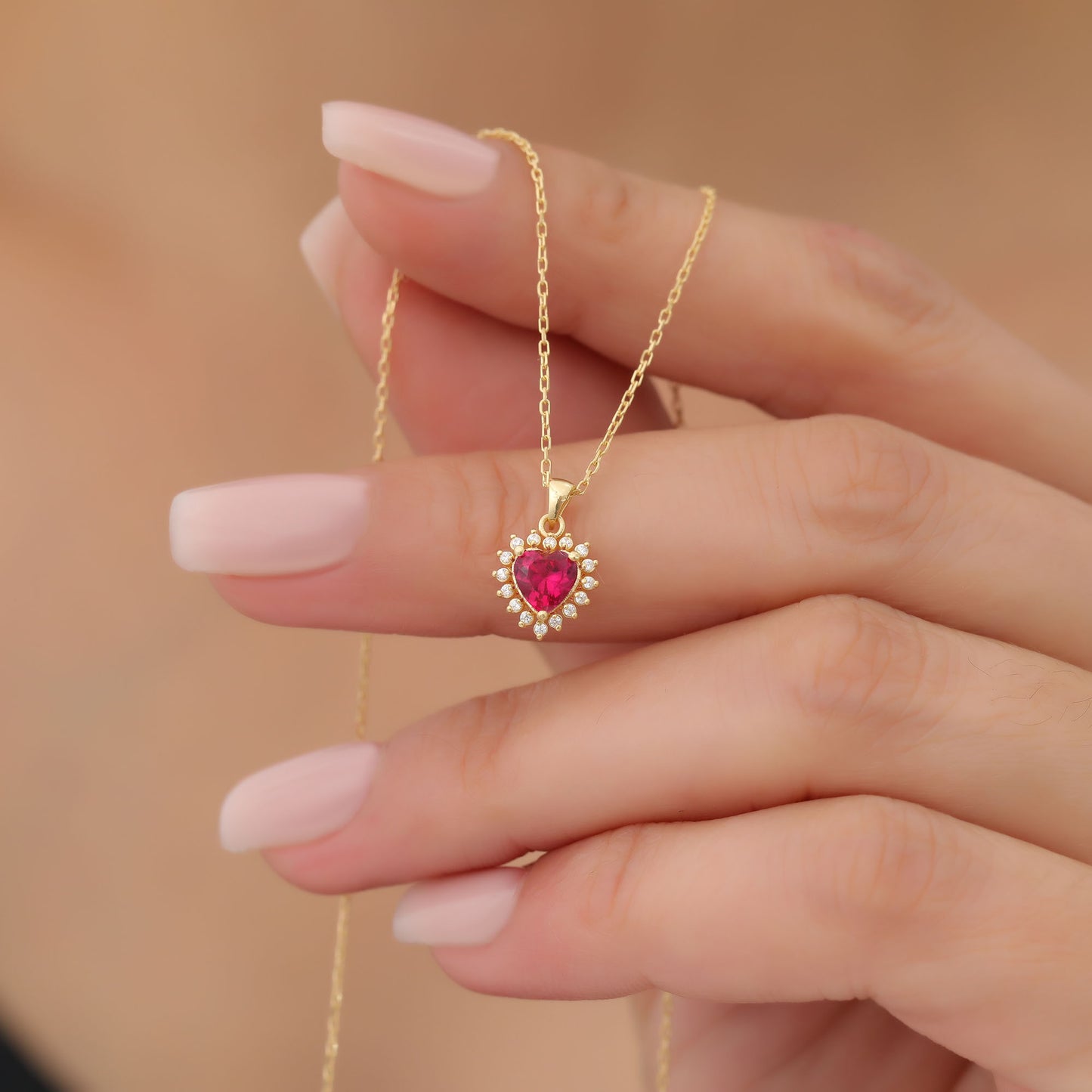 Ruby Heart Necklace Surrounded by Real Diamonds in 14K Solid Gold Pendant, July Birthstone Charms