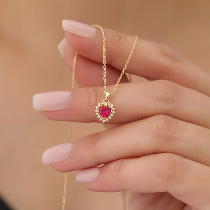 Ruby Heart Necklace Surrounded by Real Diamonds in 14K Solid Gold Pendant, July Birthstone Charms