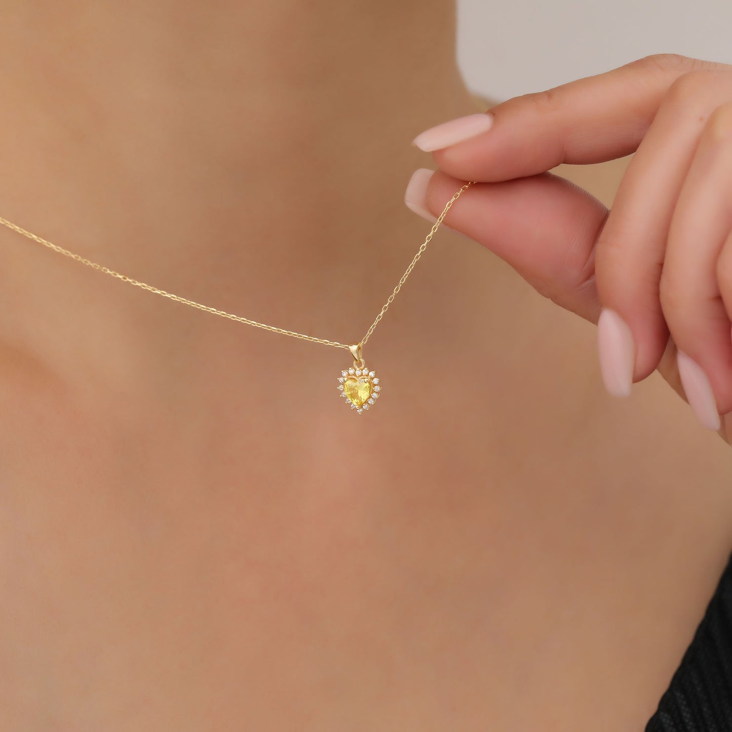 Yellow Topaz Heart Necklace Surrounded by Real Diamonds in 14K Solid Gold Pendant, Birthstone Charms