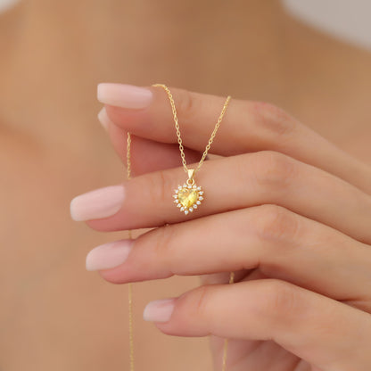 Yellow Topaz Heart Necklace Surrounded by Real Diamonds in 14K Solid Gold Pendant, Birthstone Charms