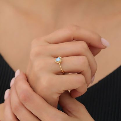 Blue Topaz Heart Ring by 16 Real Diamonds in 14K Solid Gold, December Birthstone Jewelry