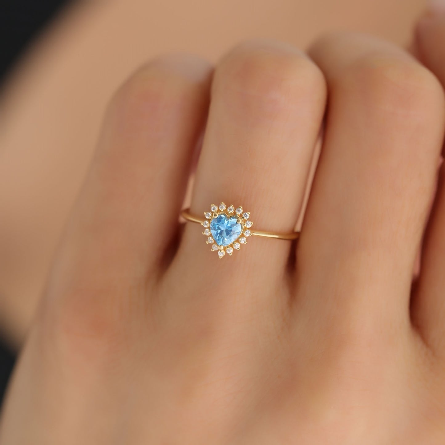 Blue Topaz Heart Ring by 16 Real Diamonds in 14K Solid Gold, December Birthstone Jewelry