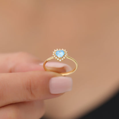 Blue Topaz Heart Ring by 16 Real Diamonds in 14K Solid Gold, December Birthstone Jewelry