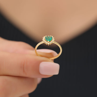 Emerald Heart Ring by 16 Real Diamonds in 14K Solid Gold, May Birthstone Jewelry