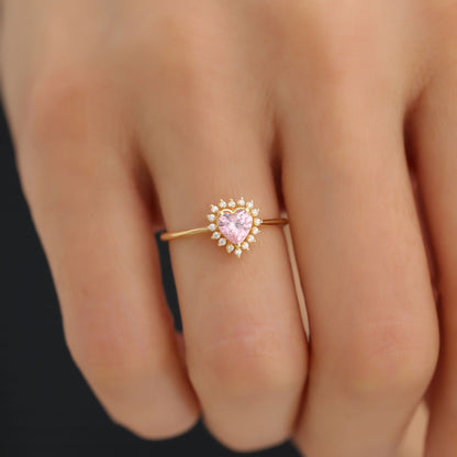 Pink Tourmaline Heart Ring by 16 Real Diamonds in 14K Solid Gold, October Birthstone Jewelry