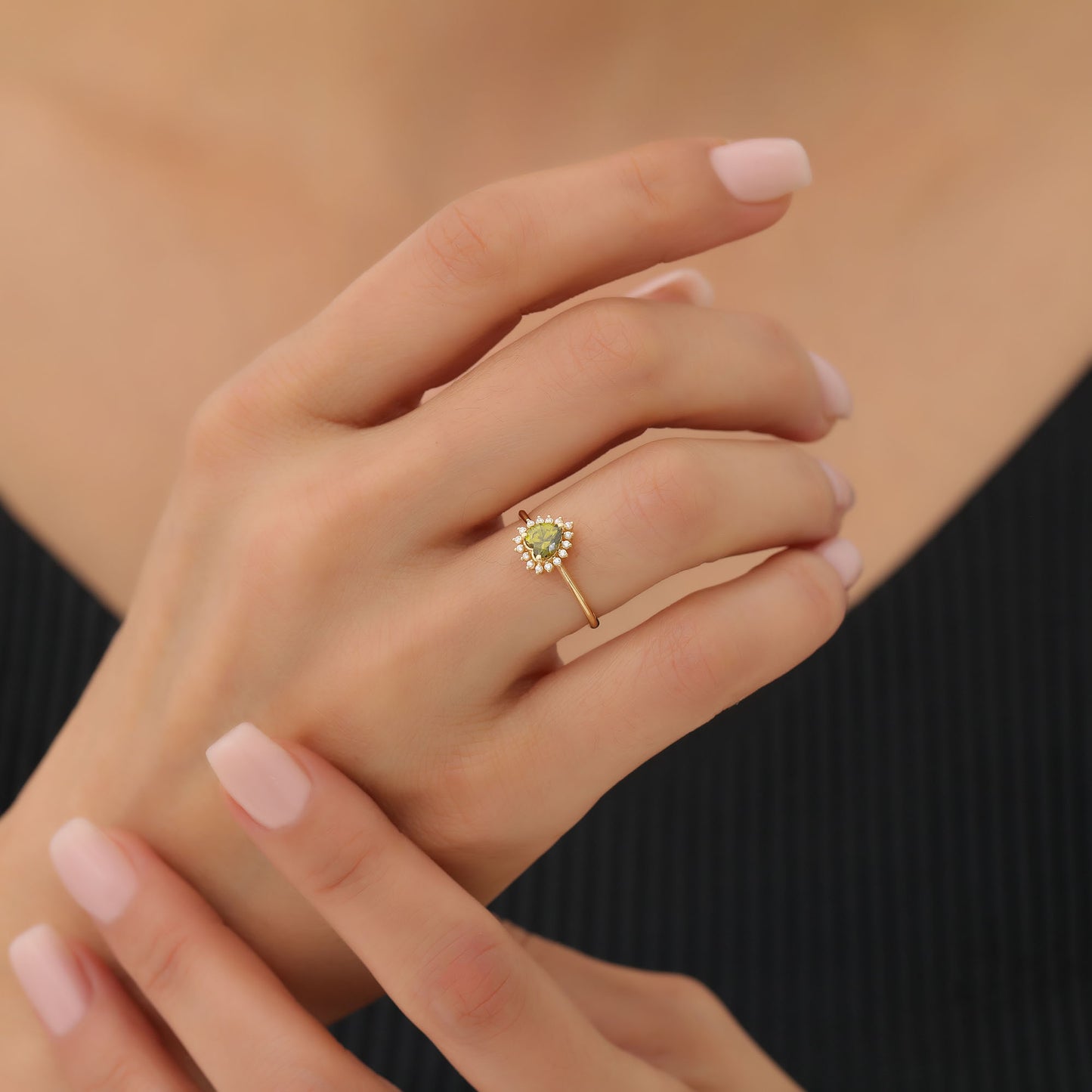 Peridot Heart Ring by 16 Real Diamonds in 14K Solid Gold, August Birthstone Jewelry