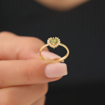 Peridot Heart Ring by 16 Real Diamonds in 14K Solid Gold, August Birthstone Jewelry