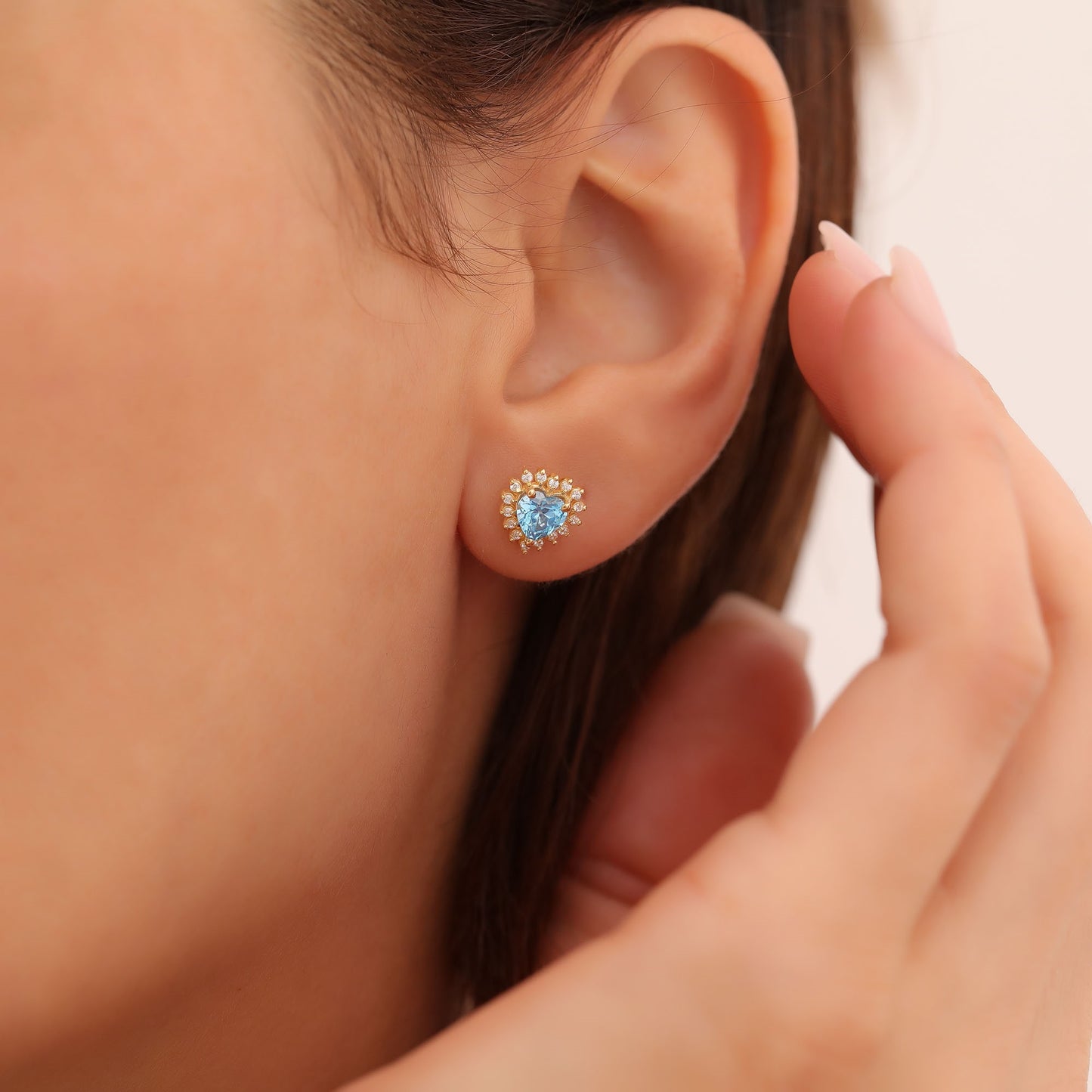 Blue Topaz Heart Shaped Stud Earring in 14K Solid Gold surrounded by Real Diamonds, December Birthstone Jewelry