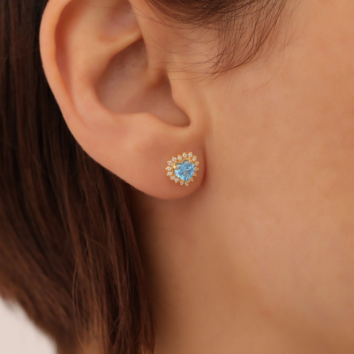 Blue Topaz Heart Shaped Stud Earring in 14K Solid Gold surrounded by Real Diamonds, December Birthstone Jewelry