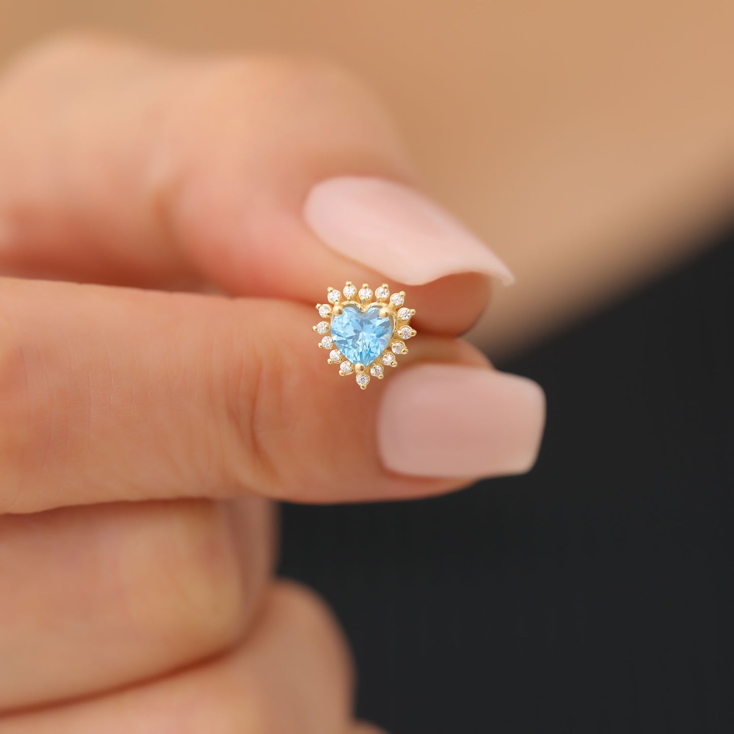 Blue Topaz Heart Shaped Stud Earring in 14K Solid Gold surrounded by Real Diamonds, December Birthstone Jewelry