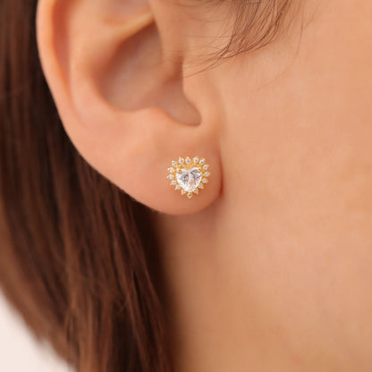 White Topaz Heart Shaped Stud Earring in 14K Solid Gold surrounded by Real Diamonds, April Birthstone Jewelry