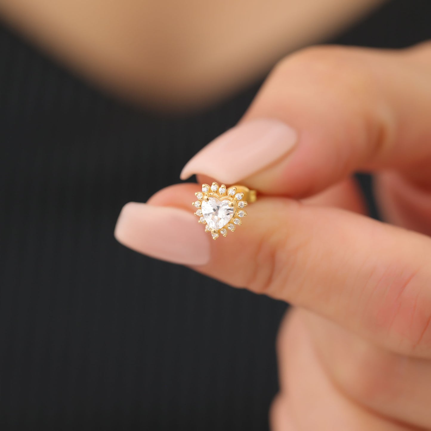 White Topaz Heart Shaped Stud Earring in 14K Solid Gold surrounded by Real Diamonds, April Birthstone Jewelry