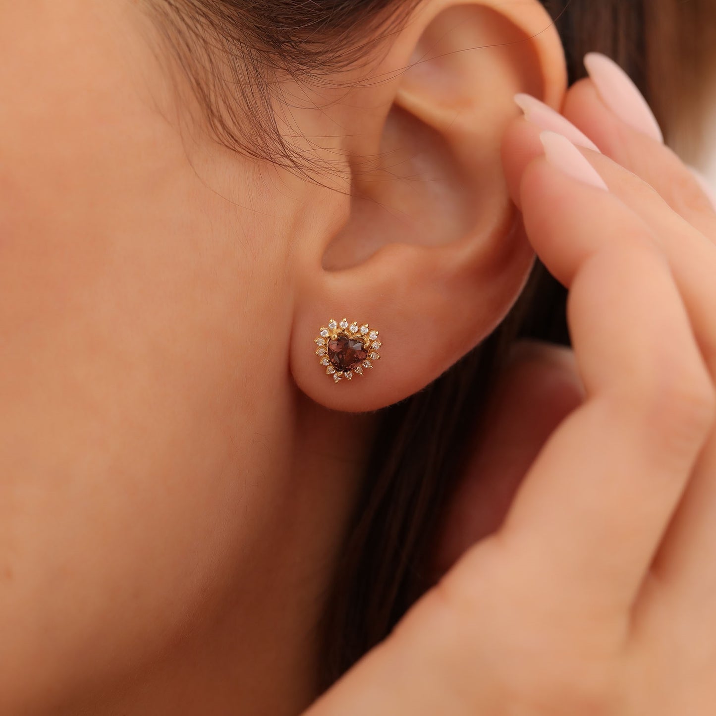 Smoky Quartz Heart Shaped Stud Earring in 14K Solid Gold surrounded by Real Diamonds, Birthstone Jewelry