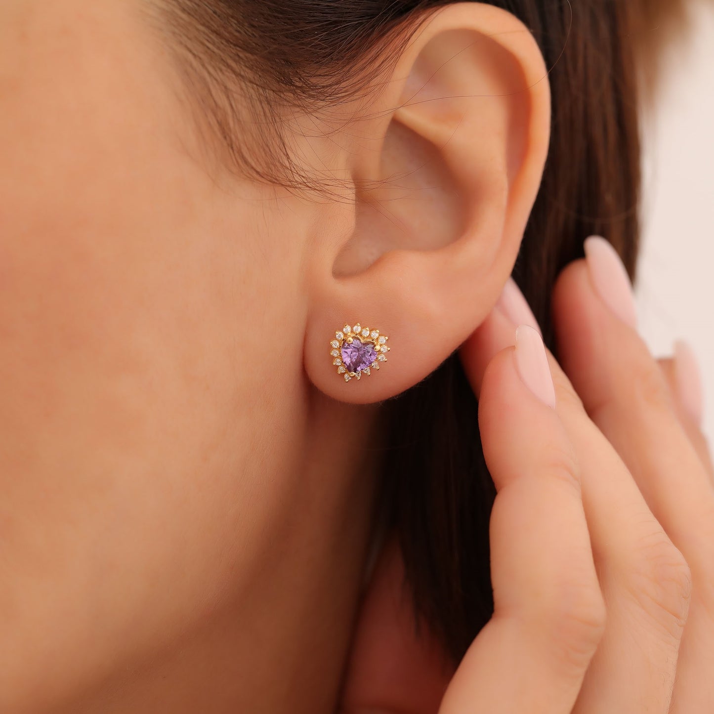 Amethyst Heart Shaped Stud Earring in 14K Solid Gold surrounded by Real Diamonds, February Birthstone Jewelry