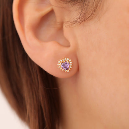 Amethyst Heart Shaped Stud Earring in 14K Solid Gold surrounded by Real Diamonds, February Birthstone Jewelry