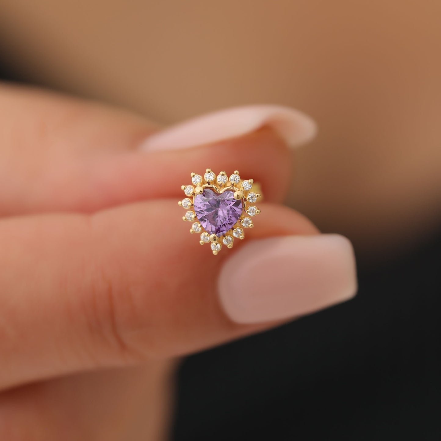 Amethyst Heart Shaped Stud Earring in 14K Solid Gold surrounded by Real Diamonds, February Birthstone Jewelry