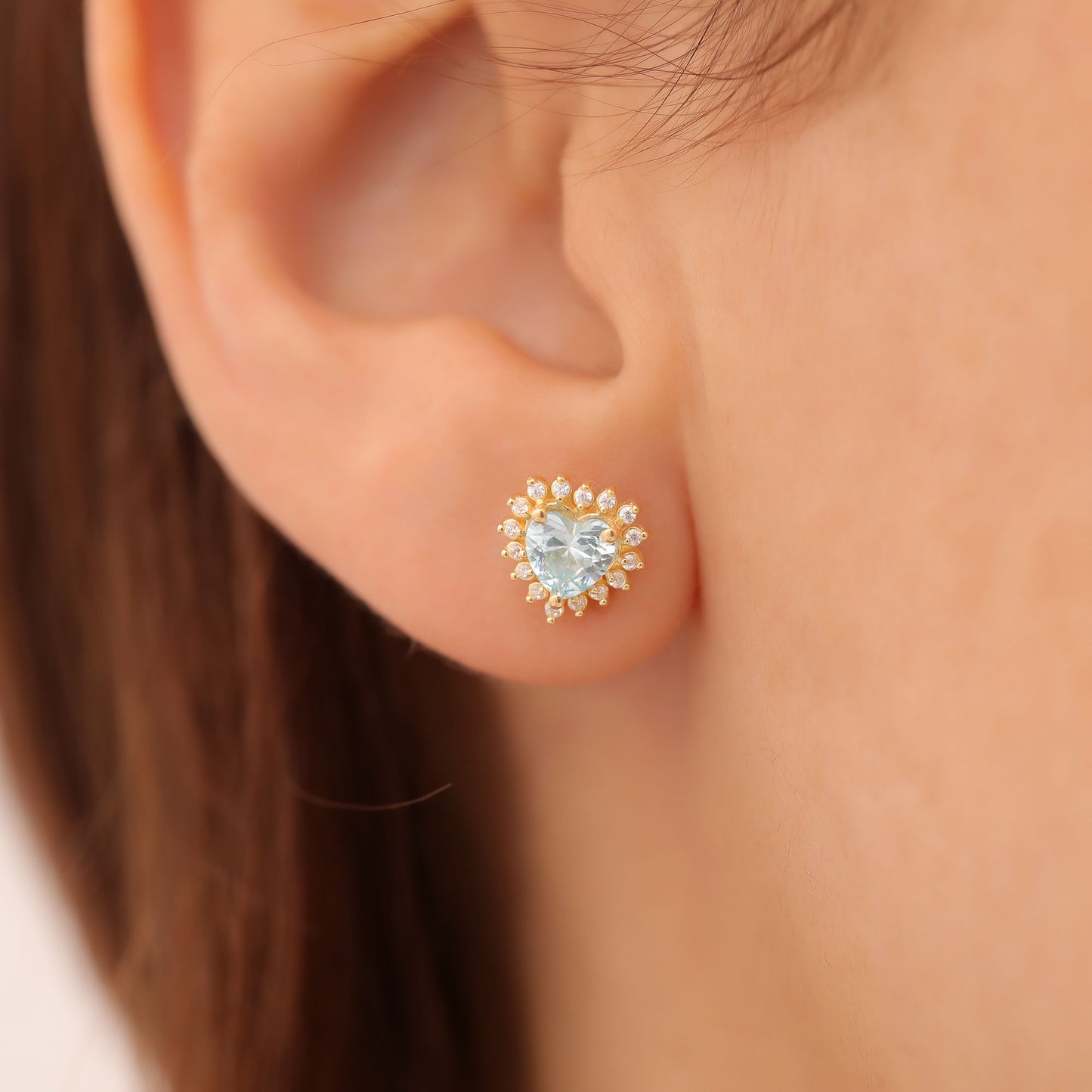 Aquamarine Heart Shaped Stud Earring in 14K Solid Gold surrounded by Real Diamonds, March Birthstone Jewelry