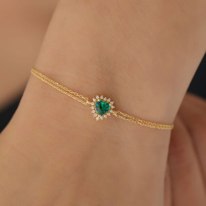 Emerald Heart Bracelet by 16 Real Diamonds in 14K Solid Gold, May Birthstone Jewelry