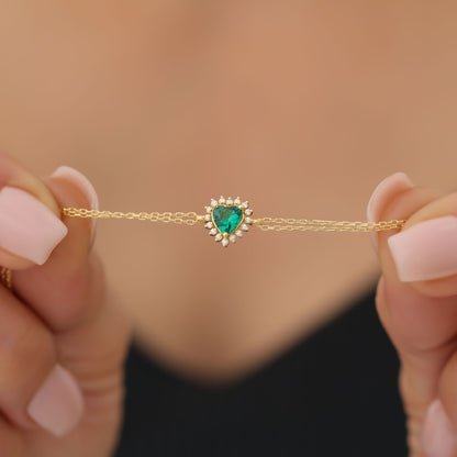 Emerald Heart Bracelet by 16 Real Diamonds in 14K Solid Gold, May Birthstone Jewelry