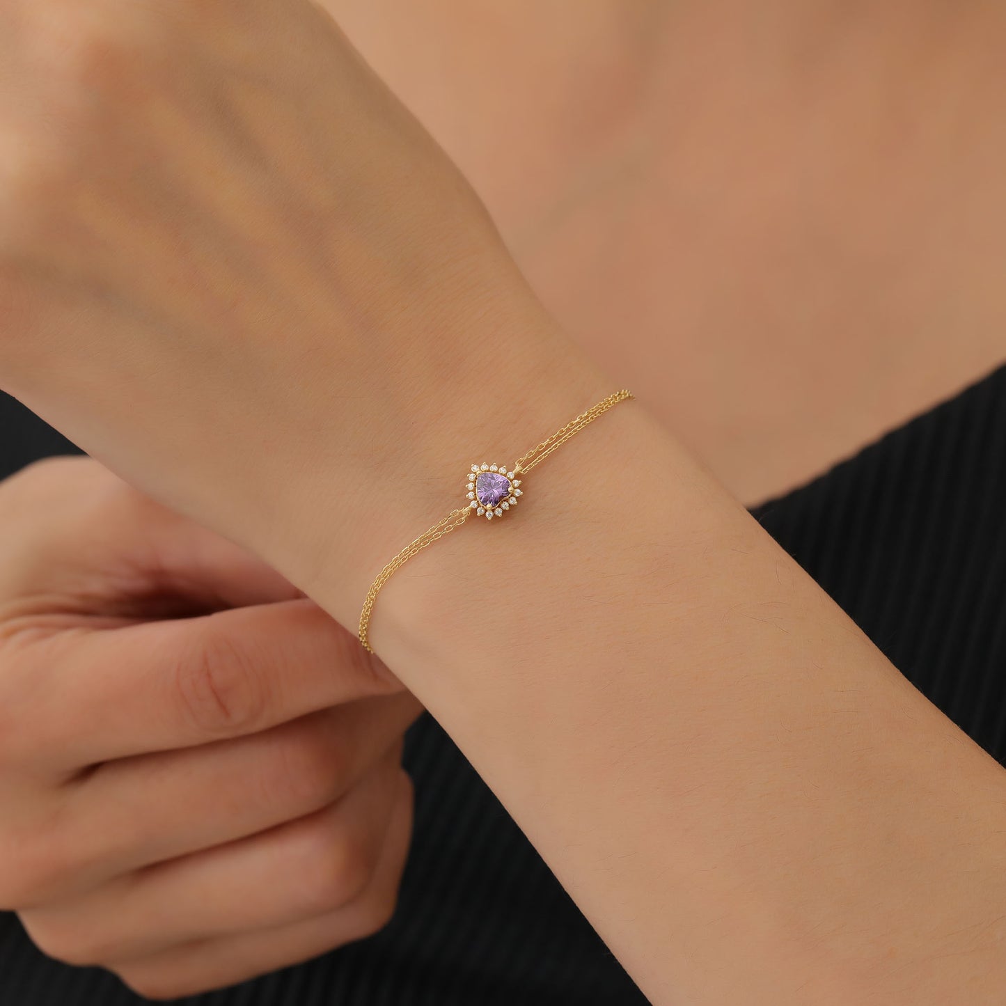 Amethyst Heart Bracelet by 16 Real Diamonds in 14K Solid Gold, February Birthstone Jewelry