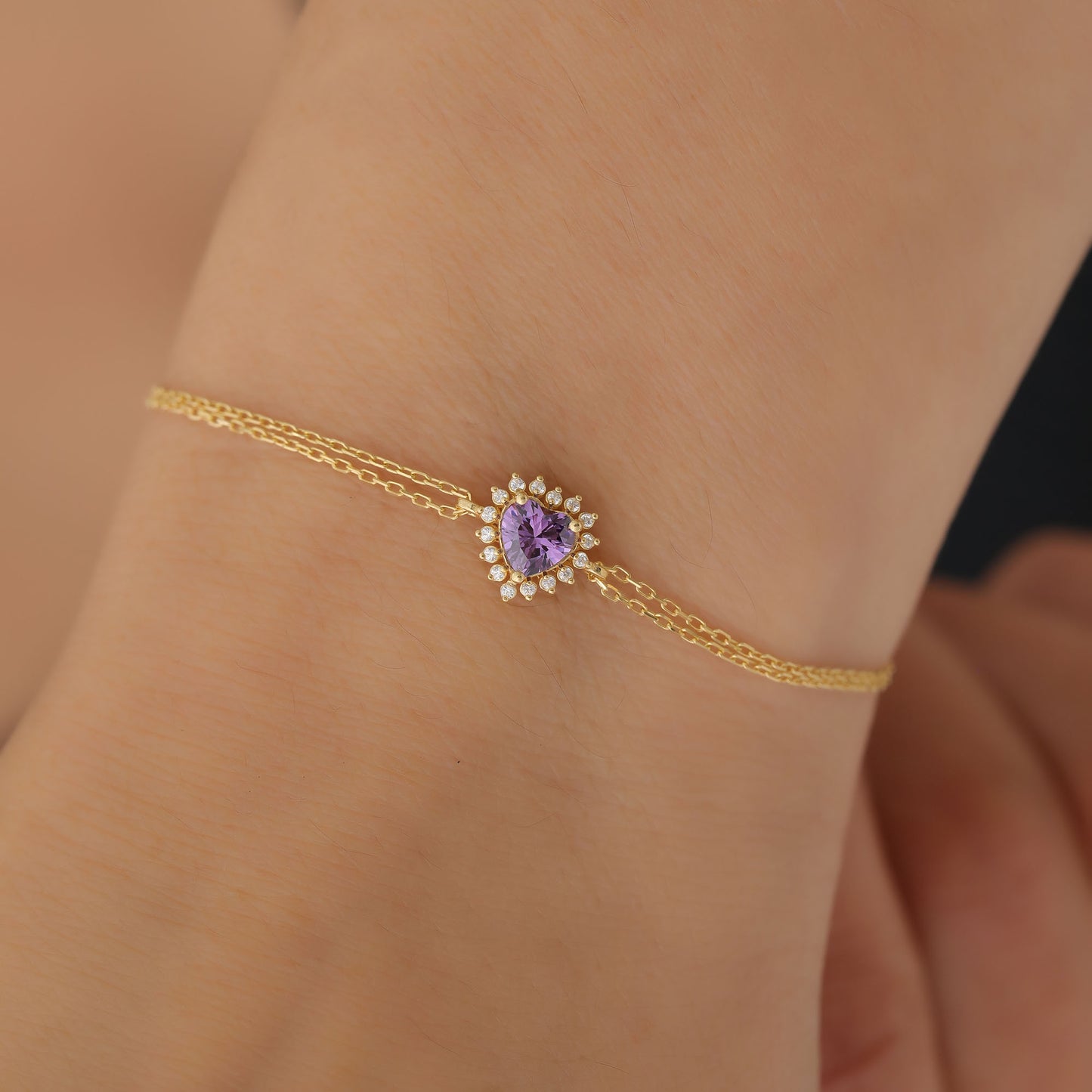 Amethyst Heart Bracelet by 16 Real Diamonds in 14K Solid Gold, February Birthstone Jewelry