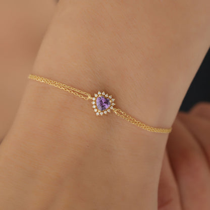 Amethyst Heart Bracelet by 16 Real Diamonds in 14K Solid Gold, February Birthstone Jewelry