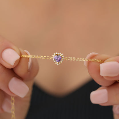 Amethyst Heart Bracelet by 16 Real Diamonds in 14K Solid Gold, February Birthstone Jewelry