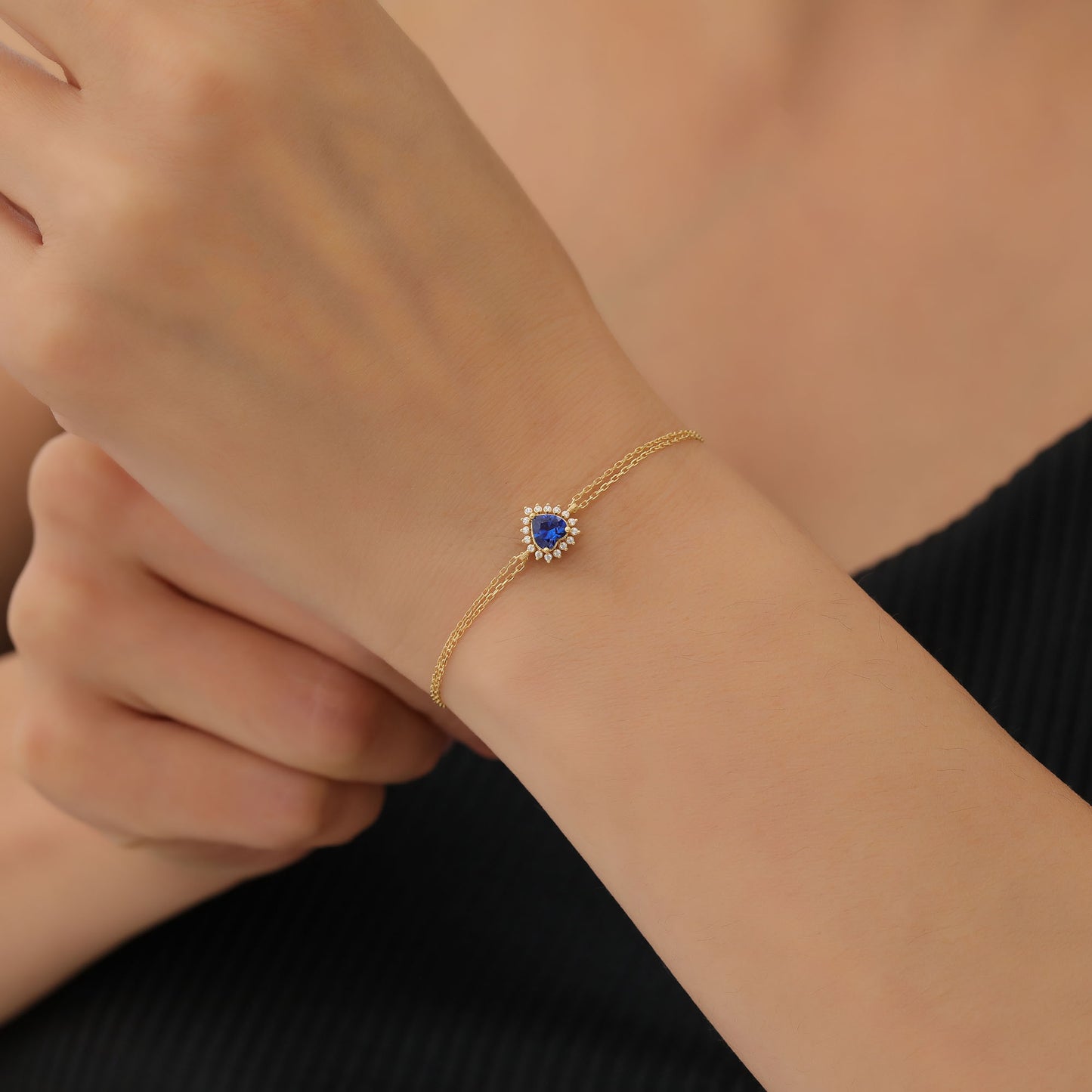 Sapphire Heart Bracelet by 16 Real Diamonds in 14K Solid Gold, September Birthstone Jewelry