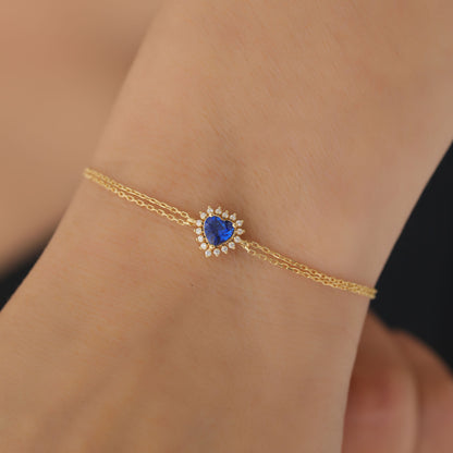 Sapphire Heart Bracelet by 16 Real Diamonds in 14K Solid Gold, September Birthstone Jewelry