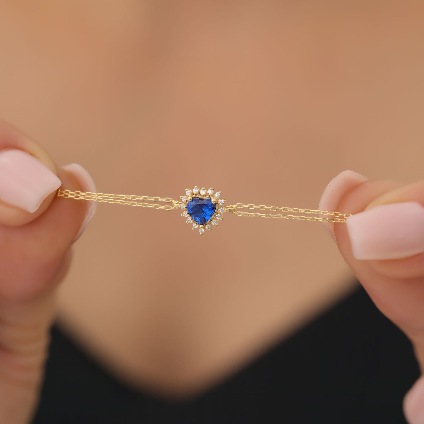 Sapphire Heart Bracelet by 16 Real Diamonds in 14K Solid Gold, September Birthstone Jewelry