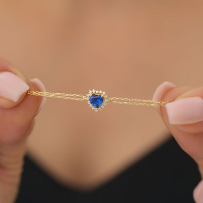 Sapphire Heart Bracelet by 16 Real Diamonds in 14K Solid Gold, September Birthstone Jewelry