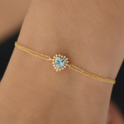 Aquamarine Heart Bracelet by 16 Real Diamonds in 14K Solid Gold, March Birthstone Jewelry