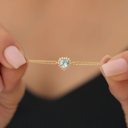 Aquamarine Heart Bracelet by 16 Real Diamonds in 14K Solid Gold, March Birthstone Jewelry