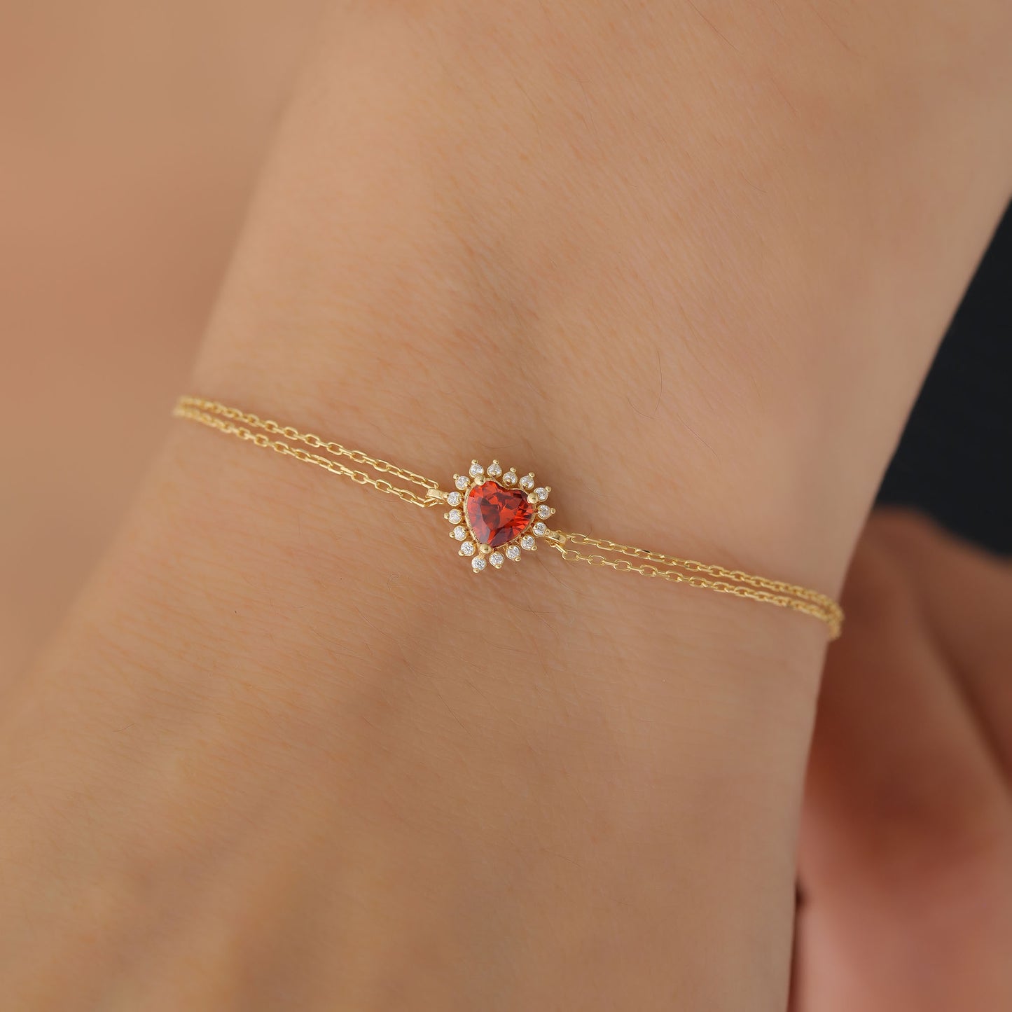 Garnet Heart Bracelet by 16 Real Diamonds in 14K Solid Gold, January Birthstone Jewelry