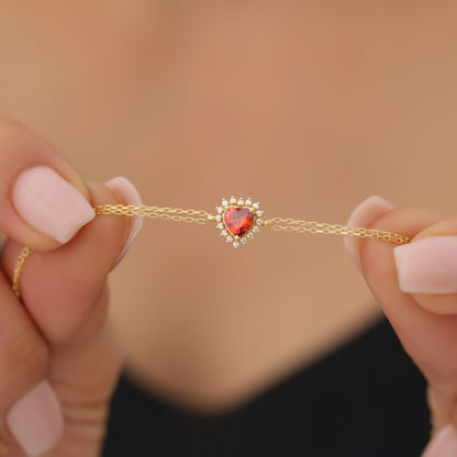 Garnet Heart Bracelet by 16 Real Diamonds in 14K Solid Gold, January Birthstone Jewelry