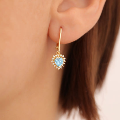 Blue Topaz Heart Dangle Earring by Real Diamonds in 14K Solid Gold, December Birthstone Jewelry