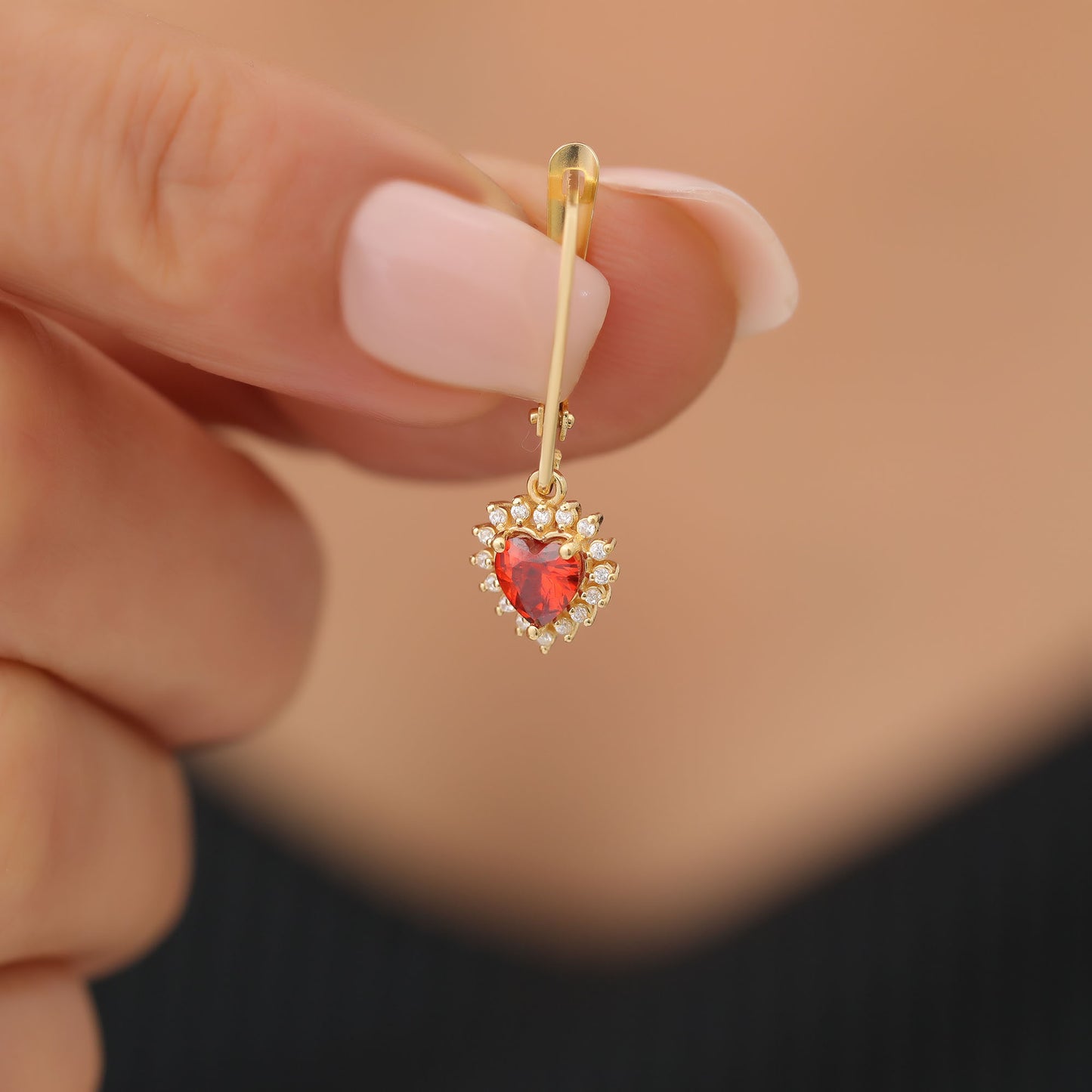 Garnet Heart Dangle Earring by Real Diamonds in 14K Solid Gold, January Birthstone Jewelry