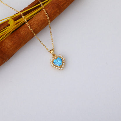 Blue Topaz Heart Necklace Surrounded by Real Diamonds in 14K Solid Gold Pendant, December Birthstone Charms