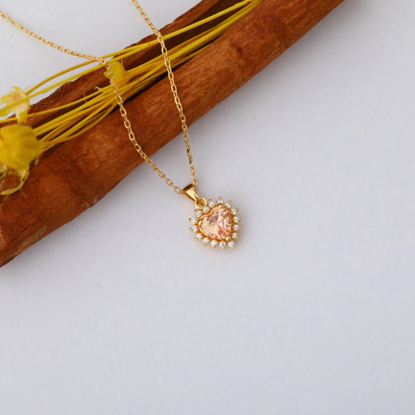 Citrine Heart Necklace Surrounded by Real Diamonds in 14K Solid Gold Pendant, November Birthstone Charms