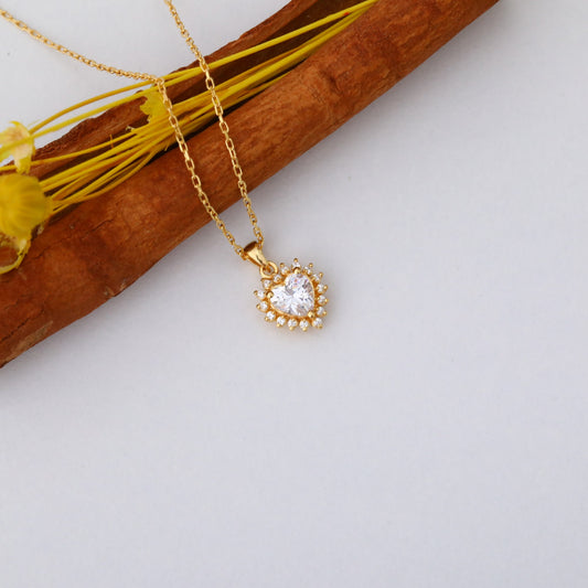 White Topaz Heart Necklace Surrounded by Real Diamonds in 14K Solid Gold Pendant, April Birthstone Charms