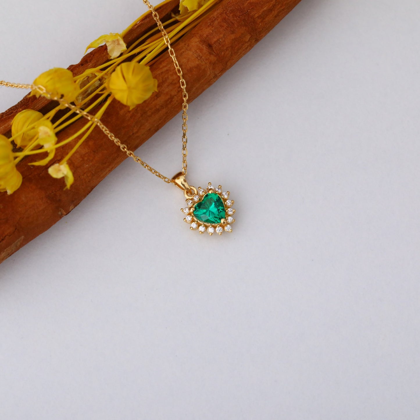 Emerald Heart Necklace Surrounded by Real Diamonds in 14K Solid Gold Pendant, May Birthstone Charms