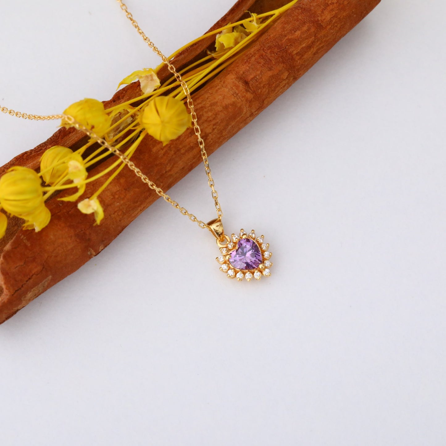 Amethyst Heart Necklace Surrounded by Real Diamonds in 14K Solid Gold Pendant, February Birthstone Charms