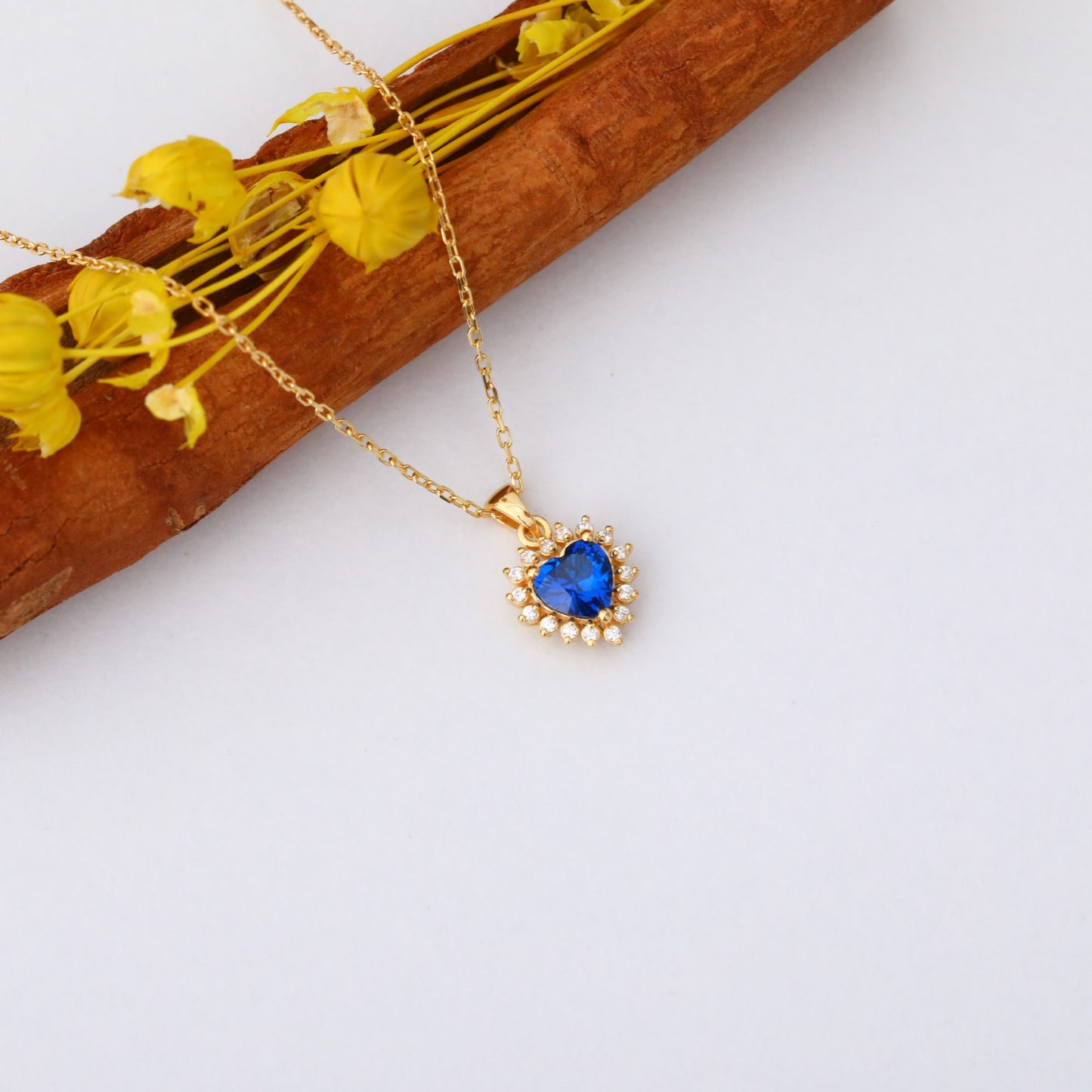 Sapphire Heart Necklace Surrounded by Real Diamonds in 14K Solid Gold Pendant, September Birthstone Charms