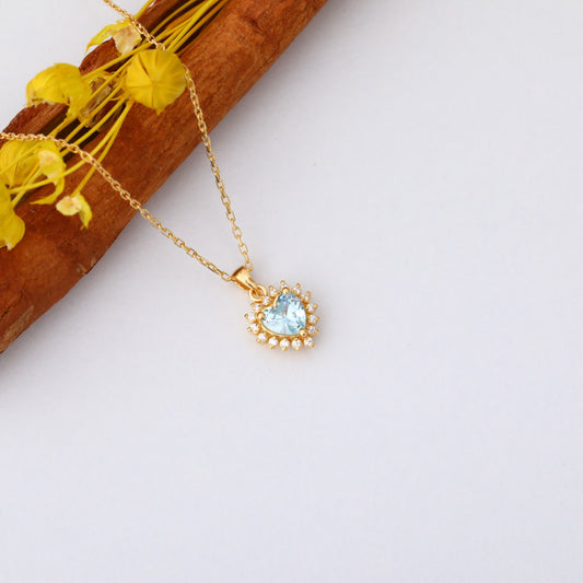 Aquamarine Heart Necklace Surrounded by Real Diamonds in 14K Solid Gold Pendant, March Birthstone Charms