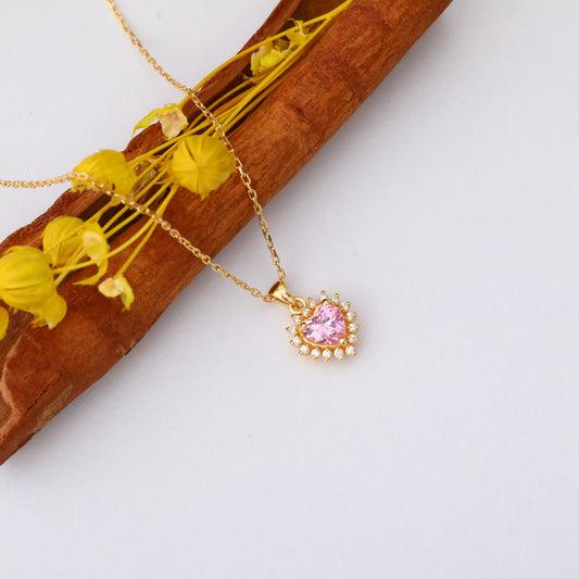 Pink Tourmaline Heart Necklace Surrounded by Real Diamonds in 14K Solid Gold Pendant, October Birthstone Charms