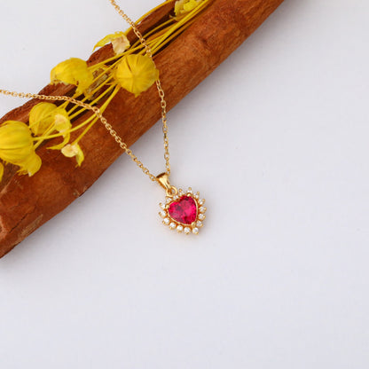 Ruby Heart Necklace Surrounded by Real Diamonds in 14K Solid Gold Pendant, July Birthstone Charms