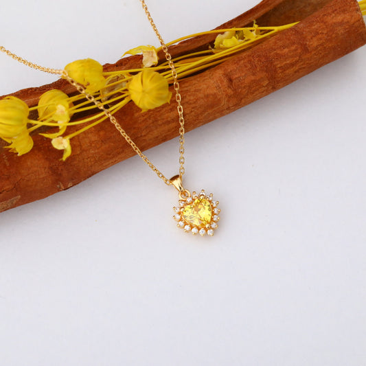 Yellow Topaz Heart Necklace Surrounded by Real Diamonds in 14K Solid Gold Pendant, Birthstone Charms