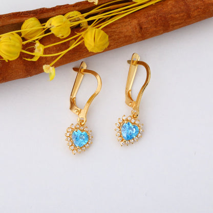 Blue Topaz Heart Dangle Earring by Real Diamonds in 14K Solid Gold, December Birthstone Jewelry