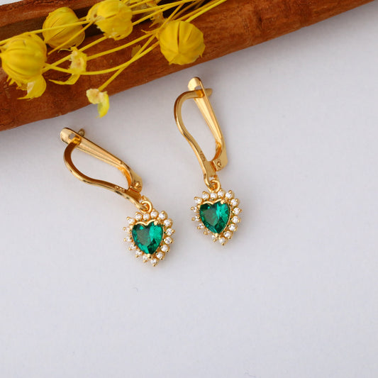 Emerald Heart Dangle Earring by Real Diamonds in 14K Solid Gold, May Birthstone Jewelry